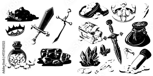 Pirate loot, comprising treasure, magic items, golden coins, crystal gems, a crown, a sword, a gold bar, a potion bottle, precious rocks, and jewelry, is showcased as UI game assets on a white