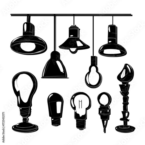 A collection of lamps, including ceiling and floor varieties, featuring glowing electric bulbs, incandescent modern lightbulbs, and torcheres in diverse shapes and designs, are showcased isolated on