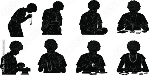 Jewelry making silhouettes, bead stringing, artisan crafting, handmade design, creative hobby, posture study, human gesture, lifestyle art, workshop illustration