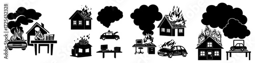 A house ablaze, a burning vehicle, and a computer sitting on a table, all surrounded by flames and dark smoke, set against a white backdrop, symbolizing catastrophe, mishap, and peril, as depicted in