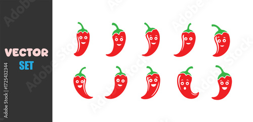 Collection of ten cartoon chili peppers with happy faces