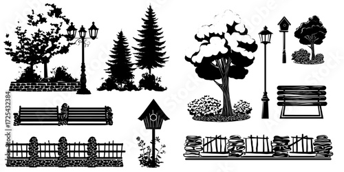 The illustration features a set of outdoor city decoration elements, such as green trees, flower beds, street lamps, and wooden birdhouses, along with stone fences or benches, all isolated on a white