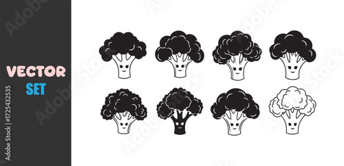 Cute broccoli characters with happy faces hand drawn illustration