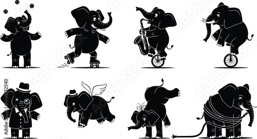 Cartoon elephant illustrations, juggling, roller skating, saxophone playing, unicycle balancing, flying with wings, singing performer, playful circus animal, fun vector design