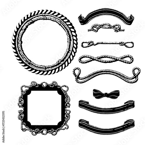 On a transparent background, a collection of decorative items is showcased, including gold silk cords, round and square satin rope frames, golden threads, and sewing items, accompanied by tie
