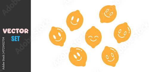 Seven cheerful cartoon lemons with happy faces arranged in a circle