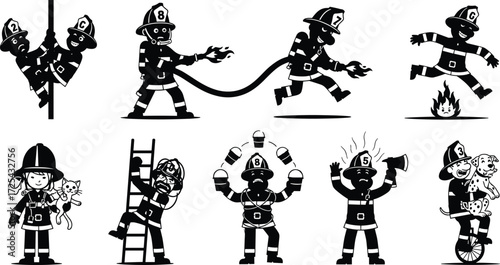 Cartoon firefighter illustrations in action poses, spraying hose, rescuing cat, climbing ladder, juggling buckets, playful emergency service artwork design
