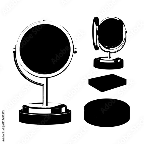 Modern vanity tables and pocket cosmetic mirrors in silver metal frames are depicted in a realistic 3D mockup, alongside makeup mirrors on stands and in compact circular boxes