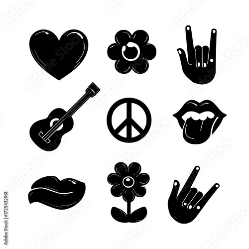 The modern cartoon set features iconic hippie symbols, such as hearts, flowers, guitars, and hand gestures, which represent peace, love, and music, all isolated on a white background