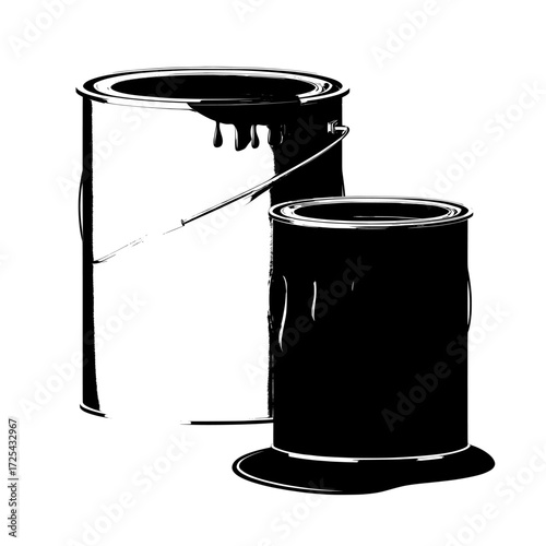 Renovation works are illustrated in a realistic 3d modern style with supplies including a paint can, a tin bucket dripping red, empty and filled metal pots, and silver containers holding dye, all on