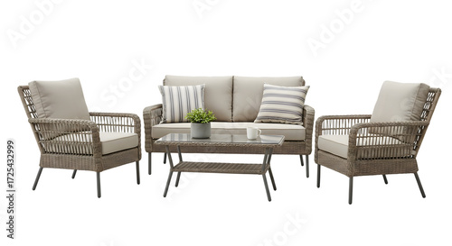 Outdoor patio furniture set with sofa, chairs, and coffee table isolated on transparent background
