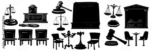 The scene is set in a courtroom with a wooden gavel, a desk featuring scales, chairs, an archway draped with a red curtain, and designated plates for the judge, defendant, and plaintiff, showcased as