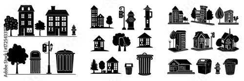 A modern cartoon set featuring cityscape elements, including residential buildings, a traffic light, fire hydrant, trash can, and mailbox, all isolated on a white background with green trees and a