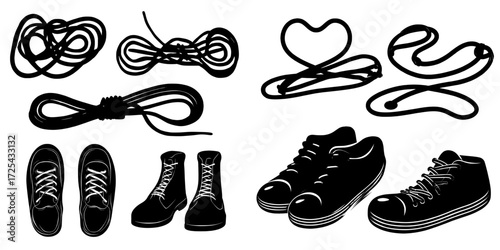 Footwear cords in the shape of a heart, swirl, wavy line, and straight line are used to lace boots or shoes with strings, isolated on the background, using red shoelaces and ropes