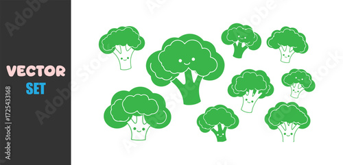 Cute kawaii broccoli characters with happy faces and green florets