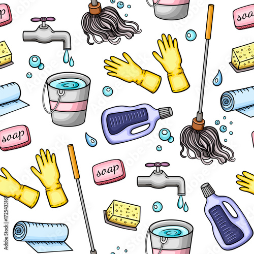 A seamless pattern of cleaning supplies on a white background