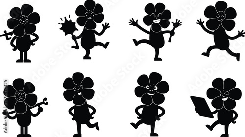 Cartoon flower character vector illustration, funny floral mascot silhouette, cute flower person clipart, black plant character design for kids