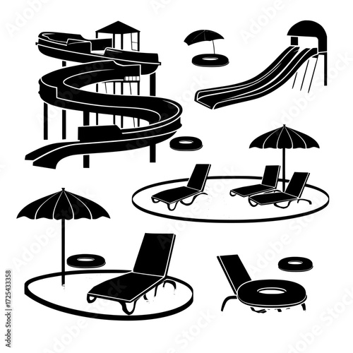 The modern cartoon resort features an aqua park with water slides, inflatable rings, umbrellas, and loungers, located on a sea beach or swimming pool with a spiral pipe and waterslides isolated