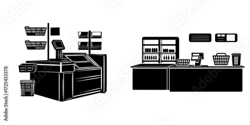 The illustration features a contemporary grocery store, including a cashier desk, empty shelves, signs, and a trash can, all set against a clean white background