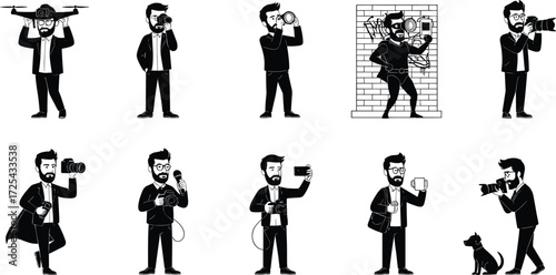 Cartoon media professional character illustrations with drone, camera, microphone, smartphone, dog photography, superhero theme, modern technology artwork sequence
