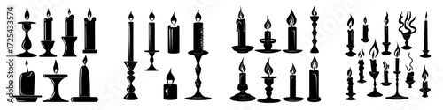 A collection of cartoon candles in various shapes, including extinguished and lit ones in a candle holder, serves as aromatic elements for spa, holiday, New Year's, or Christmas cards, as well as