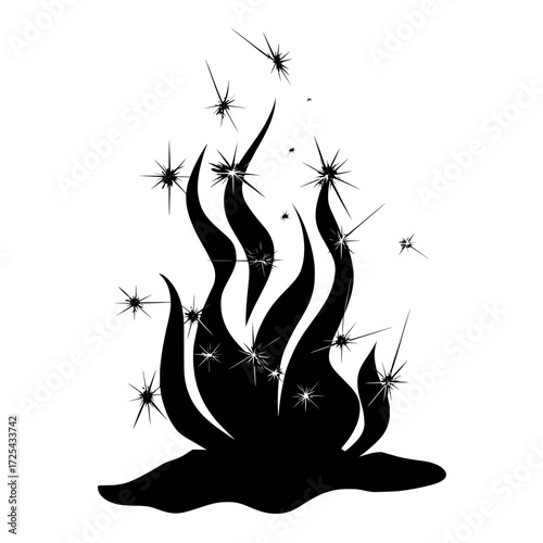 Fire with sparkles and smoke is set against a transparent background, highlighting a modern heat effect characterized by a blaze, flying sparks, and burning particles that may come from a fireplace,