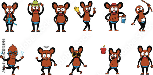Cartoon mouse character illustrations holding teddy bear, star, apple, fishing rod, crying, sunglasses, expressive poses, storytelling artwork design sequence