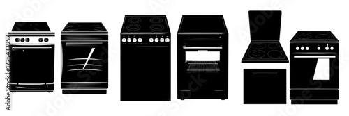 Realistic set of kitchen cooker with electric stove, induction cooking panel, and oven, depicted in front and top view, including closed and open oven door, isolated on white background with black