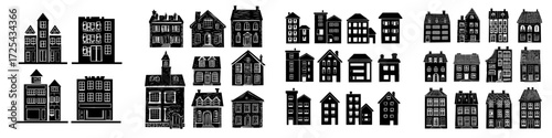 A modern cartoon set of urban residential houses and town real estate facades, including city houses and old buildings for apartments, offices, or stores, isolated on a white background