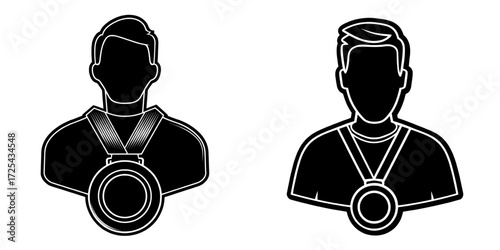 Isometric icon depicting a man with a round medal signifying first place, the winner of a competition