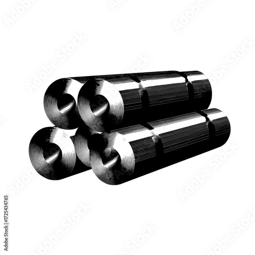 Realistic 3D modern illustration of industrial manufacturing business production, including steel rolls and shiny metal stainless iron or aluminum cylinders from the heavy metallurgical industry,