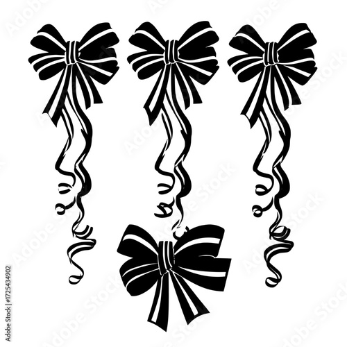 A collection of bows and curly ribbons serves as festive elements for wrapping a gift box, birthday present, or designing an invitation card, featuring green, blue, pink, and purple stripes isolated