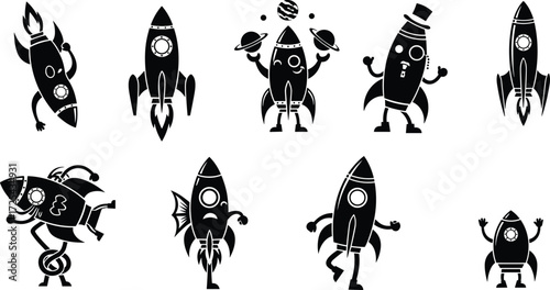 Cartoon rocket characters, funny space rockets, cute anthropomorphic spaceships, creative astronaut illustration, whimsical rocket art, playful cosmic cartoon design