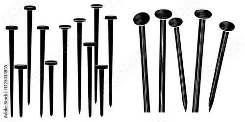 Iron nails, both straight and bent, with a circular head, along with steel spikes and hobnails, form a modern realistic set of metal pins used in construction and carpentry, isolated on a transparent