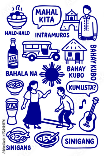 Philippines Culture Illustration Set – Traditional People, Music, Dance, Food, and Symbols
