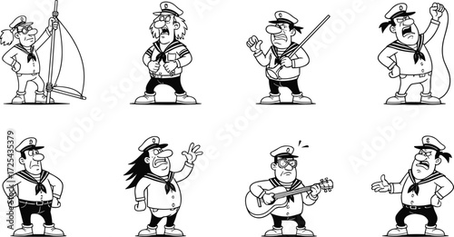 Cartoon sailor character illustrations in uniform, holding sail, rope, guitar, harpoon, expressive gestures, commanding poses, nautical artwork storytelling design