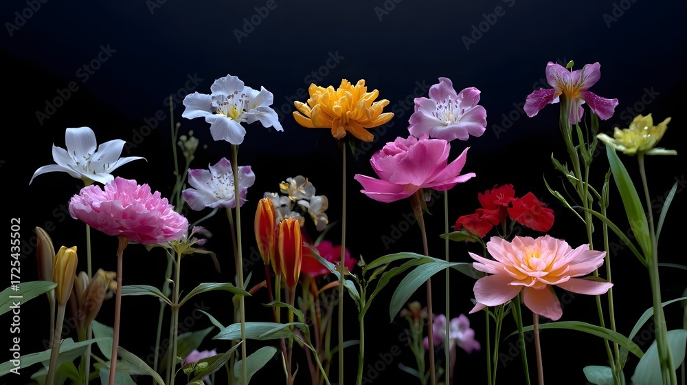 Obraz premium A diverse array of lush, blooming flowers including tulips, peonies, dahlias, and irises, set against a dark background for a striking and elegant display.