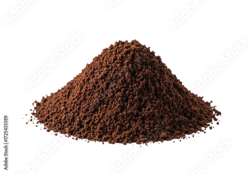 A singular heap of coarsely ground dark rich brown coffee, granular texture, macro shot against a transparent background with ample copy space, professionally lit. Concept for coffee advertising