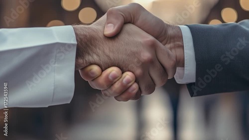 Handshake: Two hands clasped in a firm handshake, a powerful symbol of agreement and collaboration. This close-up shot of a business deal against a blurred background captures trust and respect.