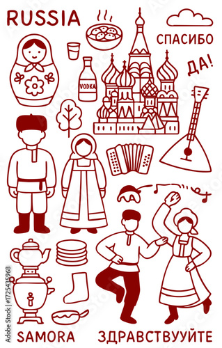 Russia Culture Illustration Set – Traditional People, Music, Dance, Food, and Symbols