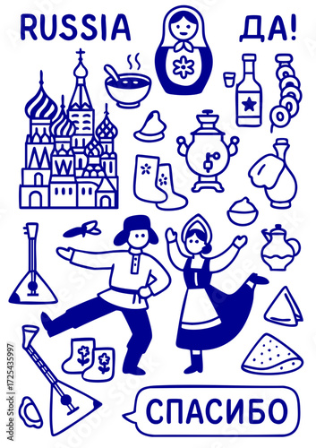 Russia Culture Illustration Set – Traditional People, Music, Dance, Food, and Symbols