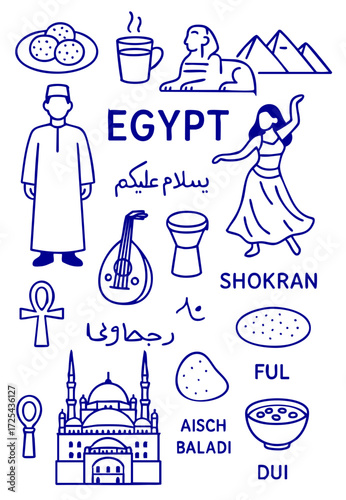 Egypt Culture Illustration Set – Traditional People, Music, Dance, Food, and Symbols