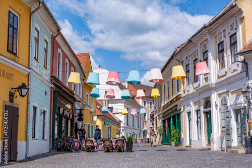 colorful lampionс street in the old town of szentendre, hungary