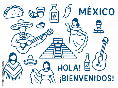 Mexico Culture Illustration Set – Traditional People, Music, Dance, Food, and Symbols