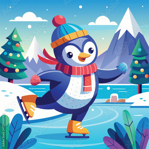 Cute cartoon penguin ice skating on a frozen lake in winter
