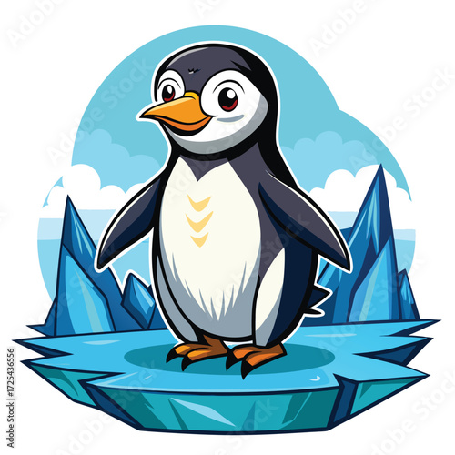 Cute cartoon penguin standing on an ice floe with icebergs and clouds