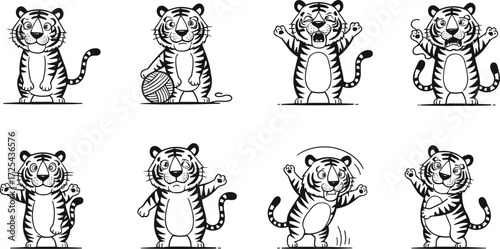 Cartoon tiger character, funny tiger illustration, expressive tiger poses, tiger with yarn, roaring tiger artwork, tiger celebrating, tiger mascot design, animal cartoon