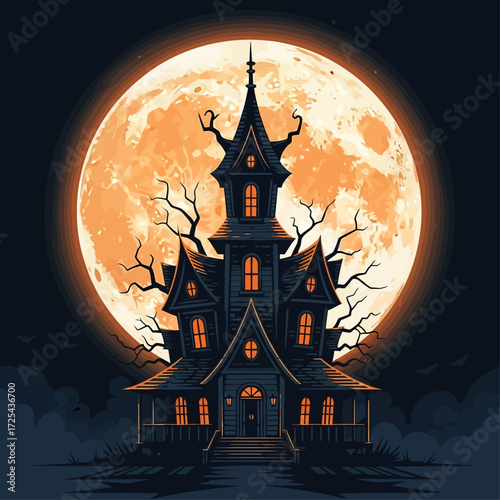 Spooky Haunted House Silhouetted Against a Glowing Full Moon in a Dark, Halloween Night Scene