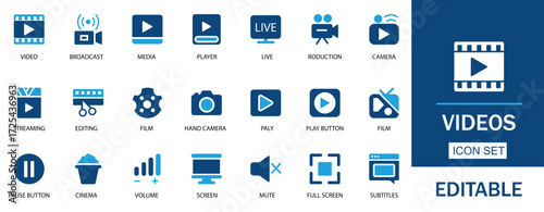 Video Icon Set with editable vector icons for video production, streaming, filming, editing, and broadcasting. Perfect for media, entertainment, cinema, and online design projects. Solid illustration.