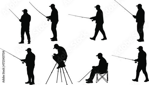 Fishing silhouettes, recreational angling, standing fisherman, seated fishing, walking with rod, outdoor sport, human posture, gesture study, lifestyle illustration